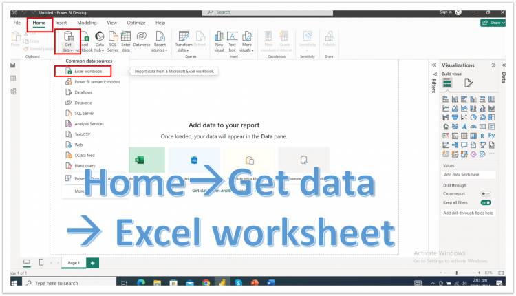 Microsoft Power BI: Get Data option in HOME Ribbon: Loding Data: Excel Sheet: Excel Workbook- Lesson -3