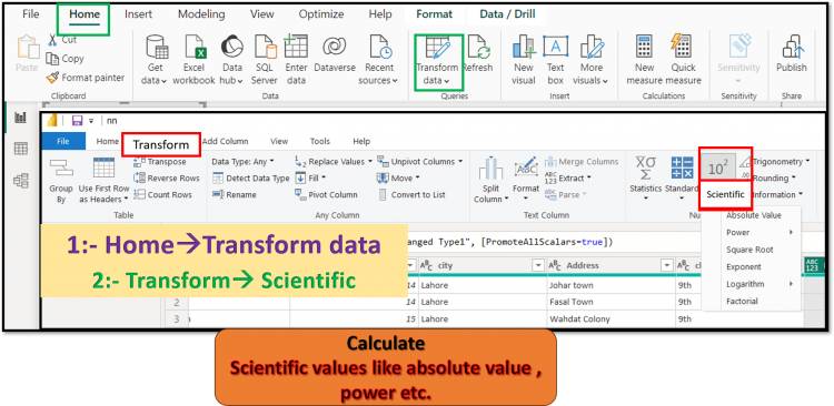 Transform Tab in Query Editor: Statistic option of query editor like absolute value, power, square root, log etc. in Power BI: Lesson-7 P-9