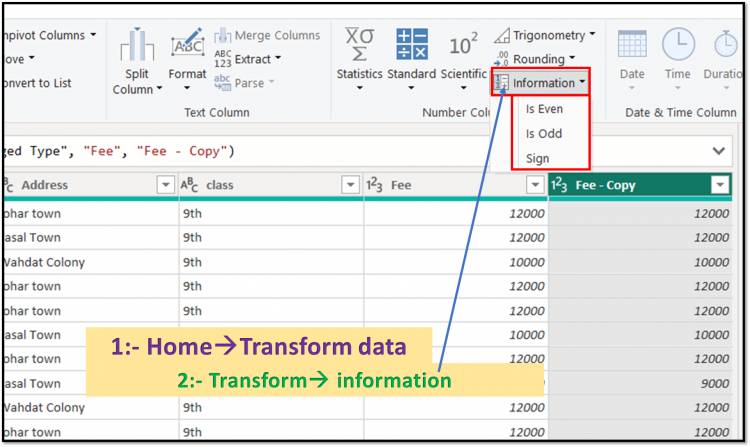 Transform Tab in Query Editor: The "Information" options like Is Even, Is Odd and Sign in Power BI's Query Editor: Lesson-7 P-12