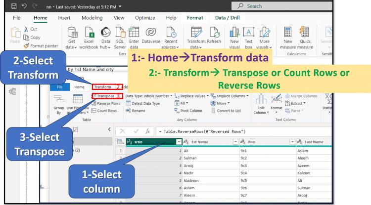 Transform Tab in Query Editor: Transpose, Reverse Row and Count Rows in Transform Tab of Query Editor in Power BI: Lesson-7 P-2