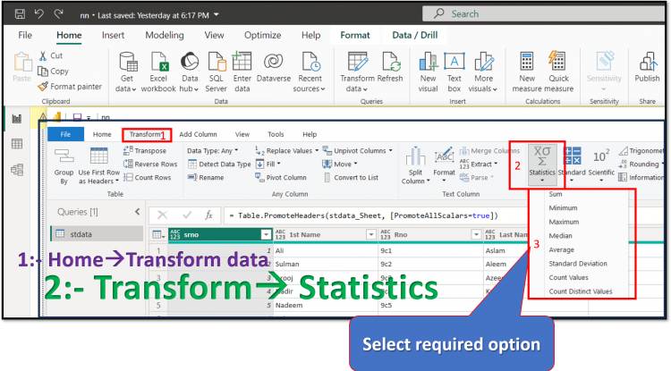 Transform Tab in Query Editor: The "User Statistics Option of Transform in Query Editor in Power BI" Lesson-7 P-7