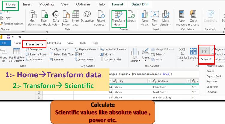  Transform Tab in Query Editor: Statistic option of query editor like absolute value, power, square root, log etc. in Power BI: Lesson-7 P-9