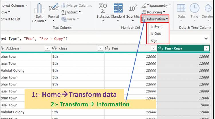Transform Tab in Query Editor: The "Information" options like Is Even, Is Odd and Sign in Power BI's Query Editor:  Lesson-7 P-12