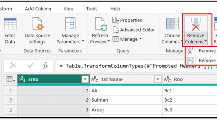 Home Tab in Query Editor: "Remove Columns" option in home tab of query editor in Power BI: Lesson-7 P-19