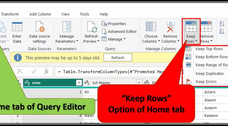 Home Tab in Query Editor: "Keep Rows" option in home tab of query editor in Power BI: Lesson-7 P-20