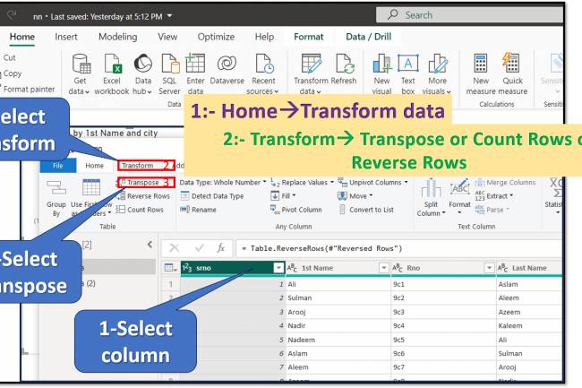 Transform Tab in Query Editor: Transpose, Reverse Row and Count Rows in Transform Tab of Query Editor in Power BI: Lesson-7 P-2