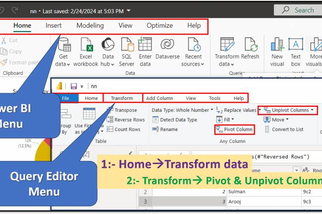 Transform Tab in Query Editor: Pivot and Unpivot column in Power BI: Lesson-7 P-4