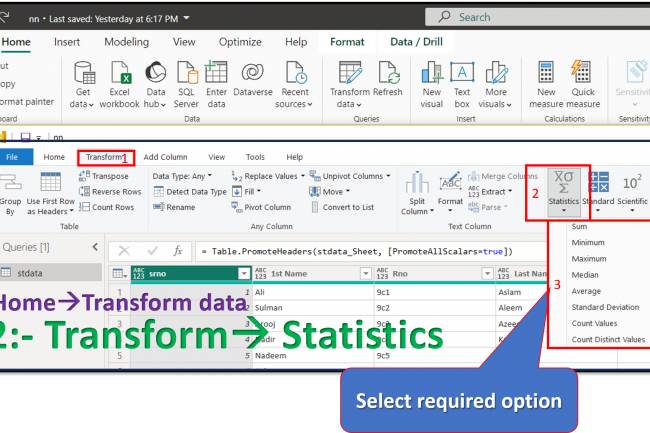 Transform Tab in Query Editor: The "User Statistics Option of Transform in Query Editor in Power BI" Lesson-7 P-7