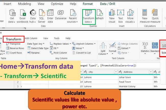  Transform Tab in Query Editor: Statistic option of query editor like absolute value, power, square root, log etc. in Power BI: Lesson-7 P-9
