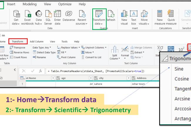 Transform Tab in Query Editor: Trigonometry functions available in the query editor of Power Bl: Lesson-7 P-10