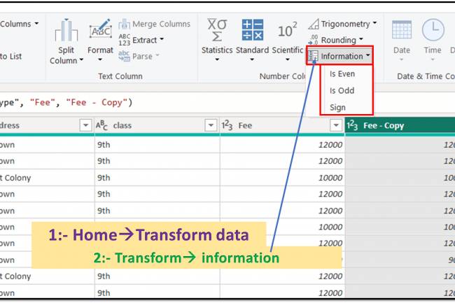 Transform Tab in Query Editor: The "Information" options like Is Even, Is Odd and Sign in Power BI's Query Editor:  Lesson-7 P-12