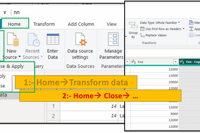 Home Tab in Query Editor: Close, close & apply, apply options in home tab of query editor in Power BI: Lesson-7 P-13
