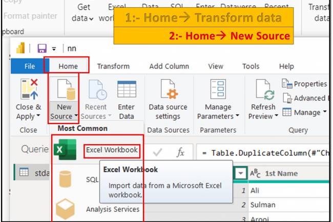 Home Tab in Query Editor: New Source option in home tab of query editor in Power BI: Lesson-7 P-14