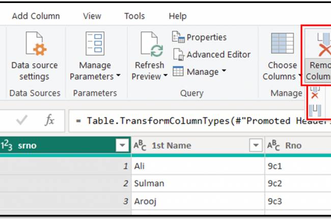 Home Tab in Query Editor: "Remove Columns" option in home tab of query editor in Power BI: Lesson-7 P-19