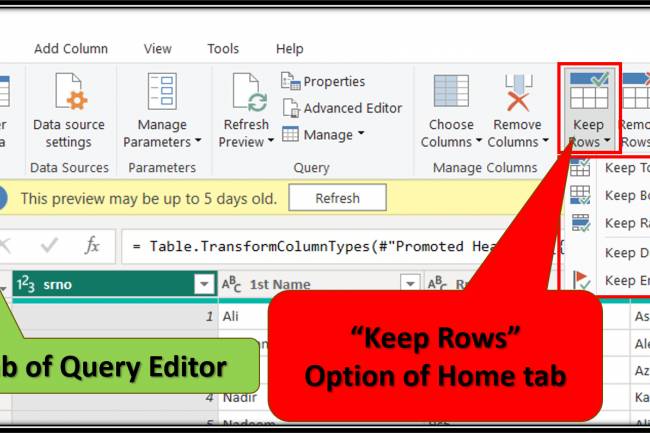 Home Tab in Query Editor: "Keep Rows" option in home tab of query editor in Power BI: Lesson-7 P-20