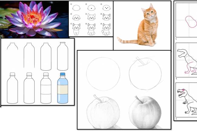 How to draw Lotus, cat, pitcher, Apple, bottle and Dinosaur.